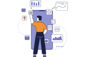 cartoon image of man standing in front of screens using an ATS in niche recruiting